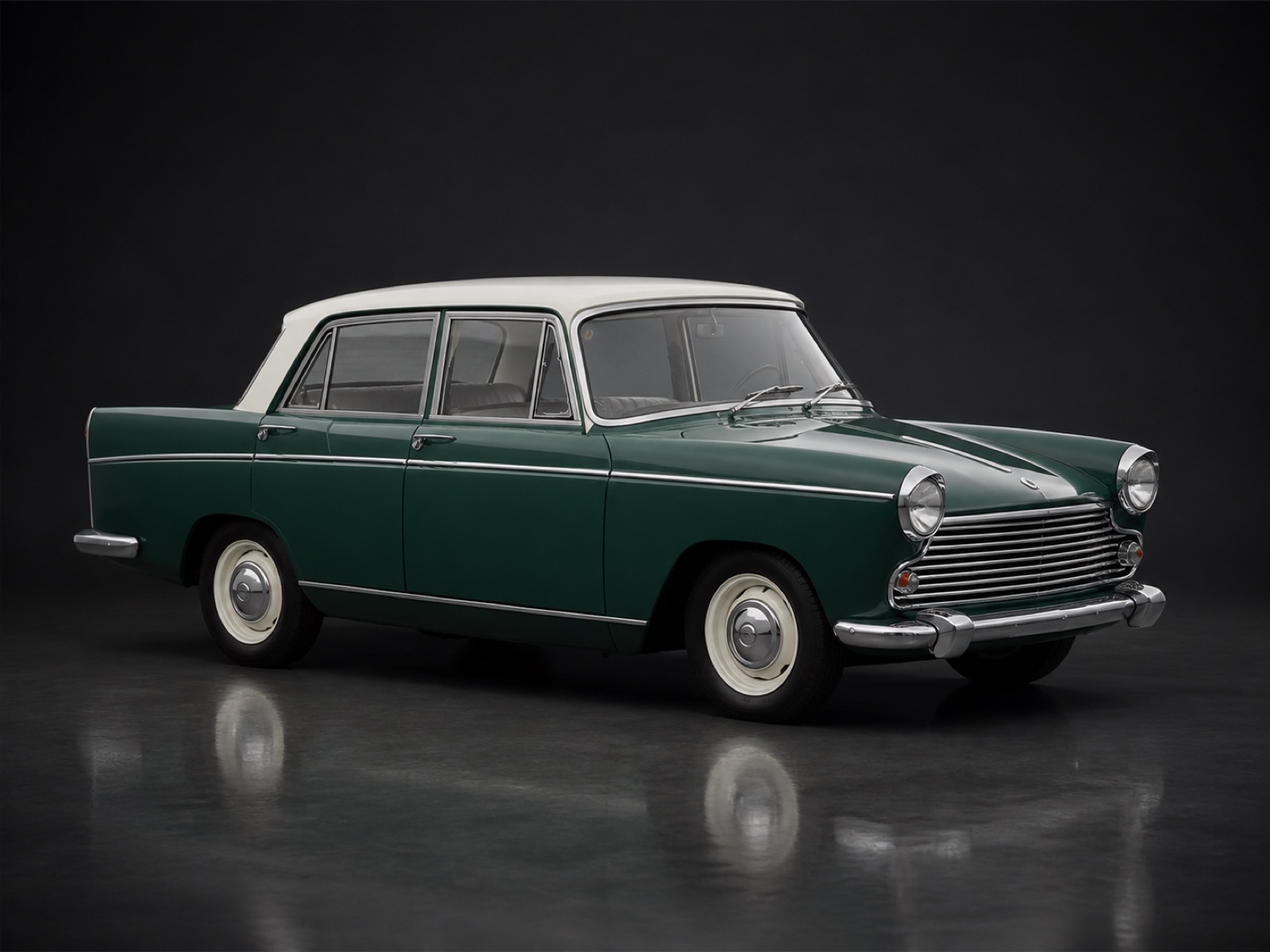 Green & Ivory White Morris Oxford in a dark photographic studio