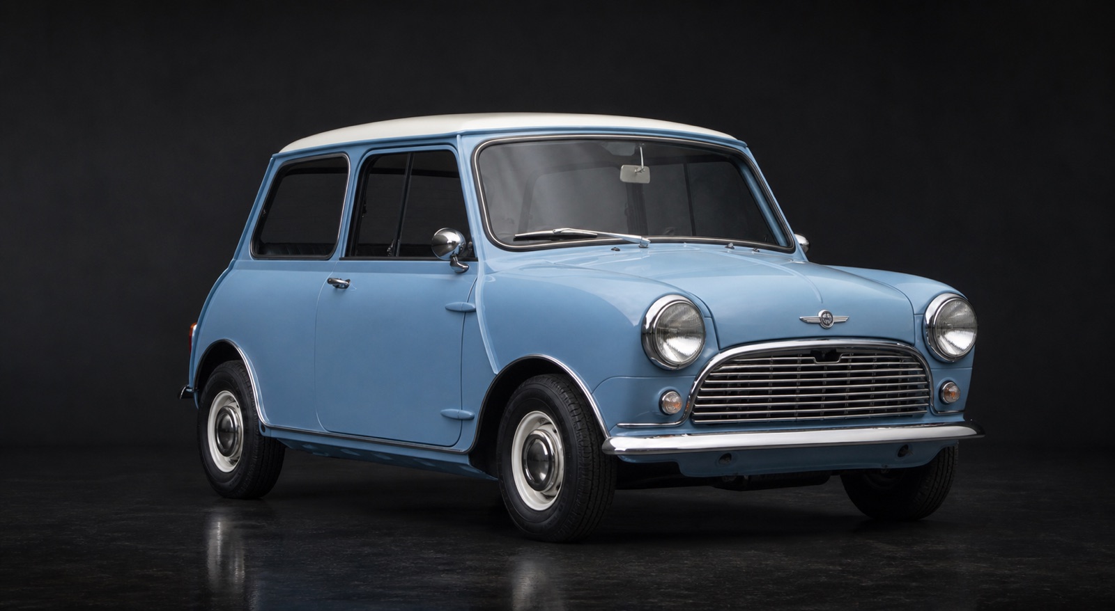 Light Blue Austin Mini Cooper 998cc in a dark photographic studio