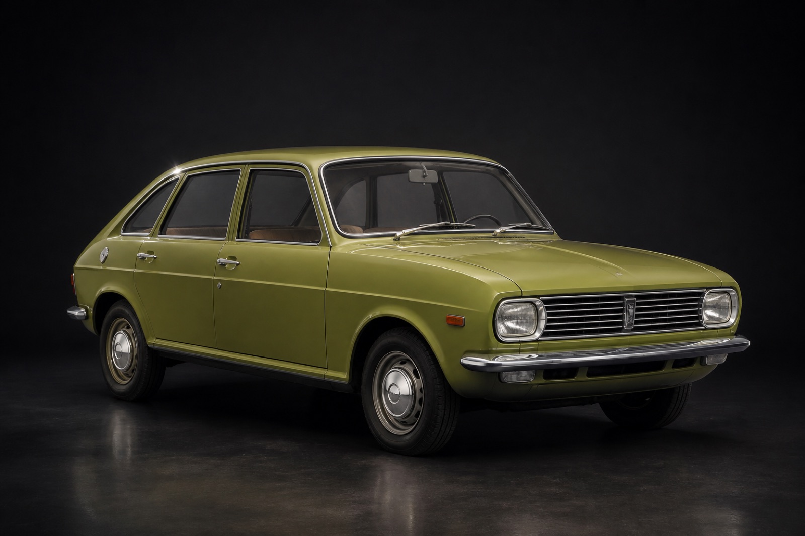 “Puke” Green Austin Maxi in a dark photographic studio