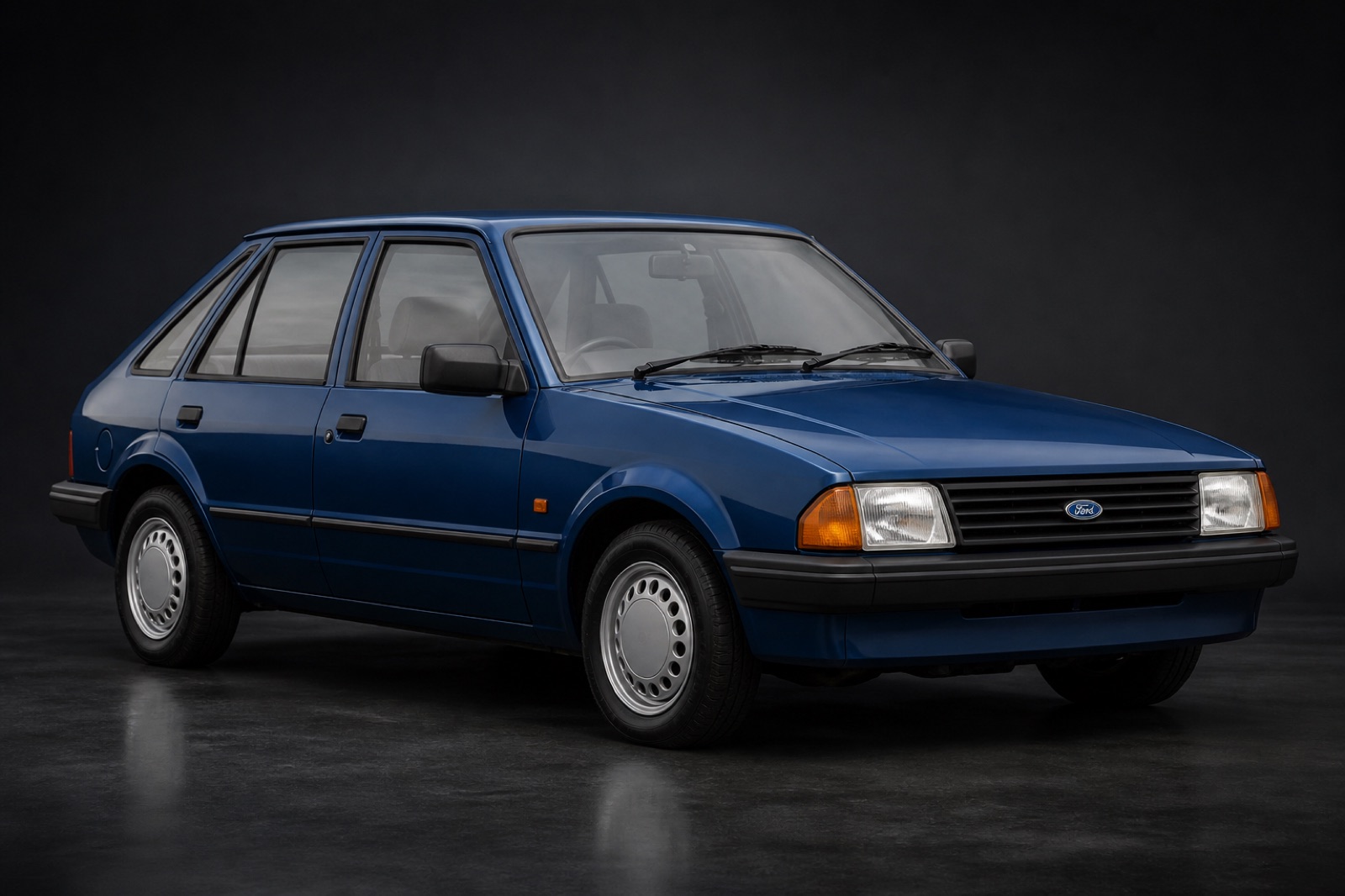 Dark Blue Ford Escort 1.4L in a dark photographic studio