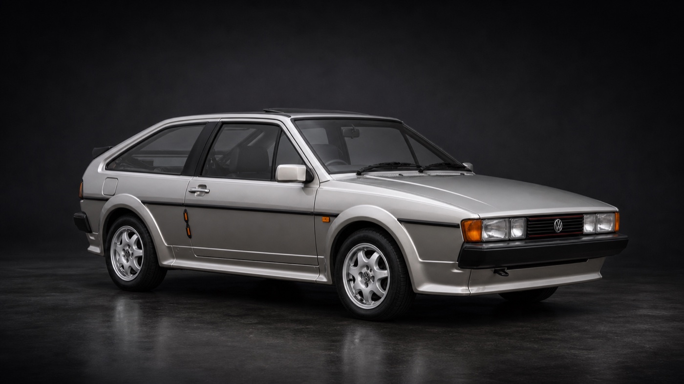 Silver metallic Volkswagen Scirocco Mk2 (GTX-style) in a dark photographic studio