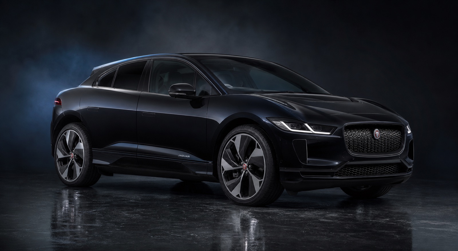 Santorini Black / Ebony interior Jaguar I-Pace (3 of 5) in a dark photographic studio